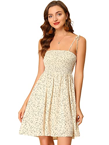 Allegra K Damen Polka Dots Gesmoktes ärmelloses Pünktchen Cami-Minikleid mit Bindeschulter Beige L von Allegra K