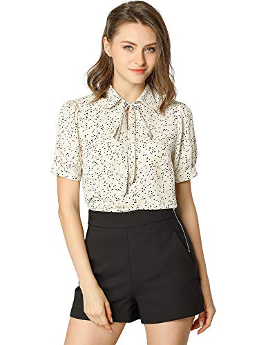 Allegra K Damen Polka Dots Oberteil Kurzarm Bubikragen Krawatten Ausschnitt Chiffon Punkte Top Bluse Cremeweiß XL von Allegra K