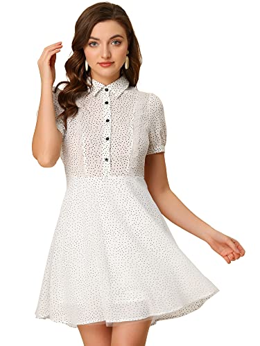 Allegra K Damen Polka Dots Puff Kurzarm Halbe Knopfleiste Mesh A-Linie Hemdkleid Weiß M von Allegra K