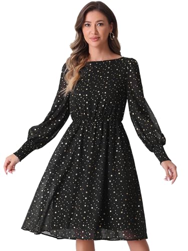 Allegra K Damen Puff Langarm Elastische Taille Glitzer Sterne U-Boot-Ausschnitt Mesh Freizeitkleid Schwarz S von Allegra K