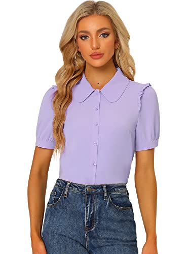 Allegra K Damen Puffärmel Bubikragen Knopfleiste Oberteil Shirt Rüschen Elegant Top Bluse Hell Lila S von Allegra K