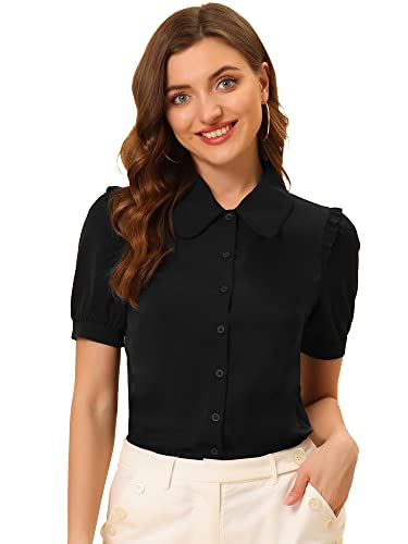 Allegra K Damen Puffärmel Bubikragen Knopfleiste Oberteil Shirt Rüschen Elegant Top Bluse Schwarz XS von Allegra K