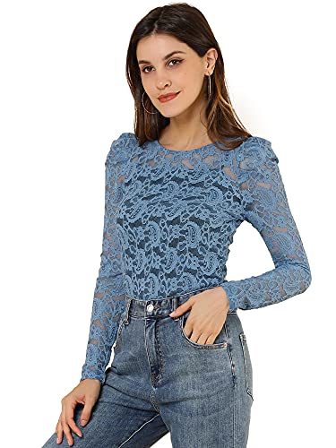 Allegra K Damen Spitze Semi Sheer Oberteil Langarm Stickerei Blumen Durchsichtig Bluse Shirt Blau S von Allegra K