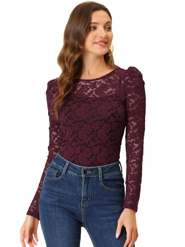 Allegra K Damen Spitze Semi Sheer Oberteil Langarm Stickerei Blumen Durchsichtig Bluse Shirt Burgund XS von Allegra K