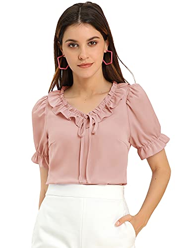 Allegra K Damen Puffärmel Krawatte V-Ausschnitt Rüschen Top Bluse Hell-Pink S von Allegra K