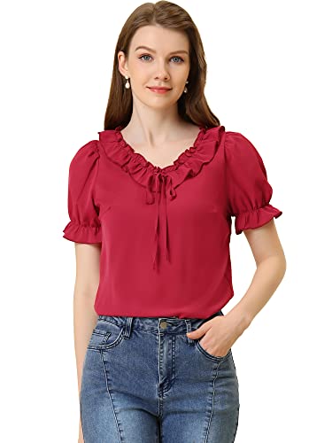 Allegra K Damen Puffärmel Krawatte V-Ausschnitt Rüschen Top Bluse Weinrot M von Allegra K