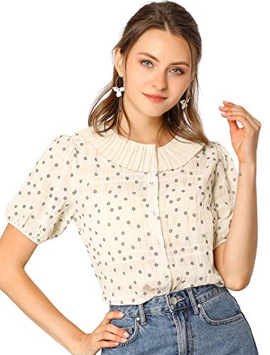 Allegra K Damen Puffärmel Panel Plissee Button Blumen Shirt Top Bluse Beige S von Allegra K