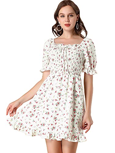 Allegra K Damen Puffärmel Quadratischer Ausschnitt Rüschen Saum Blumen gesmoktes Kleid, Weiss/opulenter Garten, Groß von Allegra K
