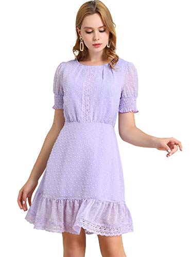 Allegra K Damen Puffärmel Rundhals Rüschen Chiffon Swiss-Dots Minikleid Kleid Lila XL von Allegra K