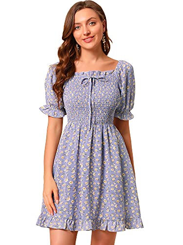 Allegra K Damen Sommerkleider Kurzarm Blumen Schatz Hals Rüschen Minikleid Puffärmel Kleid Lila S von Allegra K