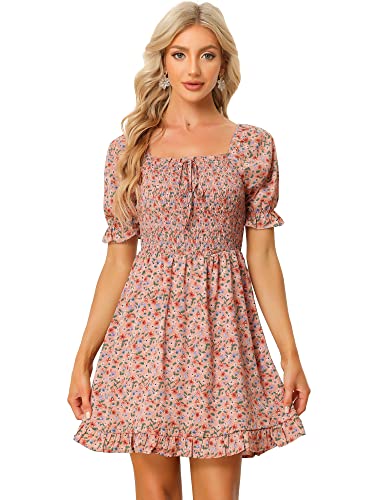 Allegra K Damen Sommerkleider Kurzarm Blumen Schatz Hals Rüschen Minikleid Puffärmel Kleid Altrosa XL von Allegra K