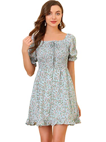 Allegra K Damen Sommerkleider Kurzarm Blumen Schatz Hals Rüschen Minikleid Puffärmel Kleid Blau S von Allegra K