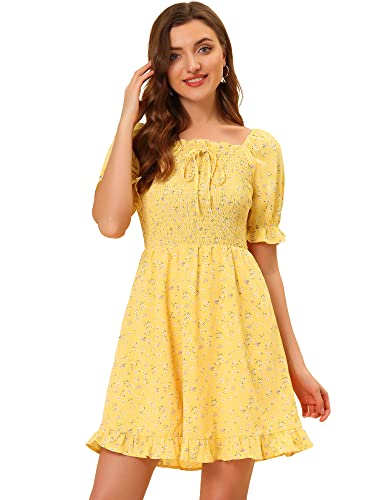 Allegra K Damen Sommerkleider Kurzarm Blumen Schatz Hals Rüschen Minikleid Puffärmel Kleid Gelb XS von Allegra K