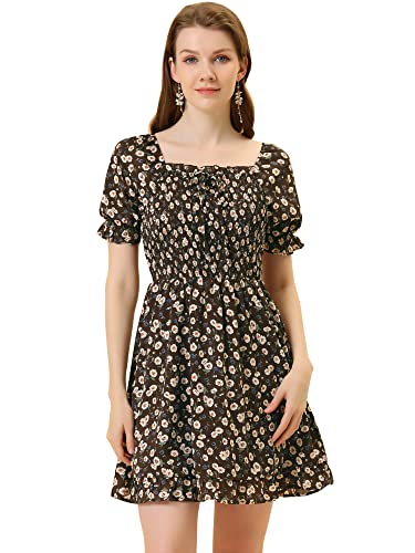 Allegra K Damen Sommerkleider Kurzarm Blumen Schatz Hals Rüschen Minikleid Puffärmel Kleid Kaffee XL von Allegra K