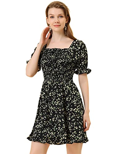 Allegra K Damen Sommerkleider Kurzarm Blumen Schatz Hals Rüschen Minikleid Puffärmel Kleid Schwarze XL von Allegra K