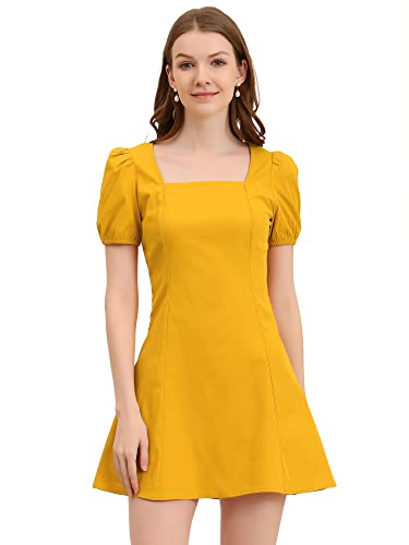 Allegra K Damen Puffärmel Square Neck Baumwolle Einfarbig Minikleid Kleid Gelb XS von Allegra K