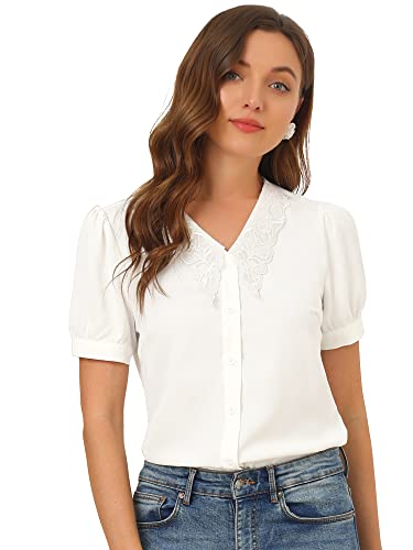 Allegra K Damen Puffärmel V-Ausschnitt Spitzenstickerei Chiffon Shirt Bluse Weiß XS von Allegra K