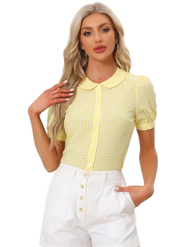 Allegra K Damen Puffärmeln Bubikragen Knopfleiste Vintage Gingham Kariert Hemd Top Bluse Gelb L von Allegra K