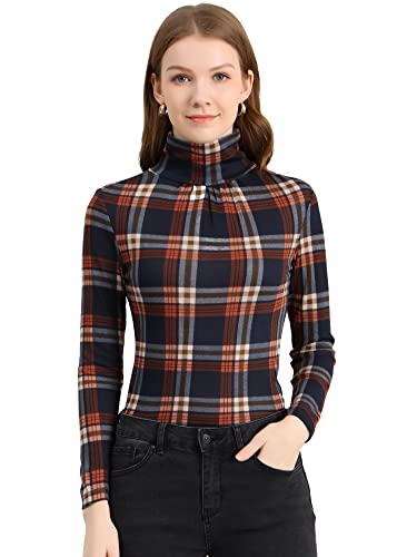 Allegra K Damen Pullover Langarm Rollkragen Slim Fit Herbst Winter Kariert Top Bluse Oberteil Blau-Orange M von Allegra K