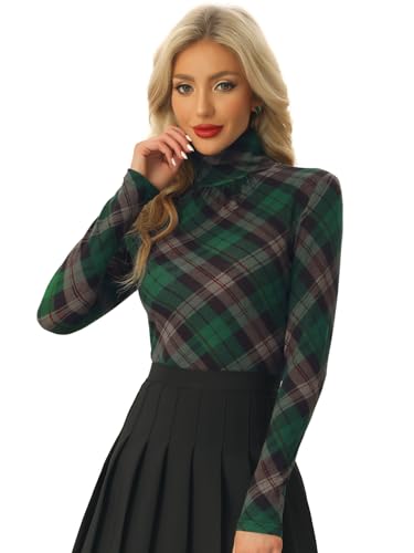 Allegra K Damen Pullover Langarm Rollkragen Slim Fit Herbst Winter Kariert Top Bluse Oberteil Grün Braun L von Allegra K
