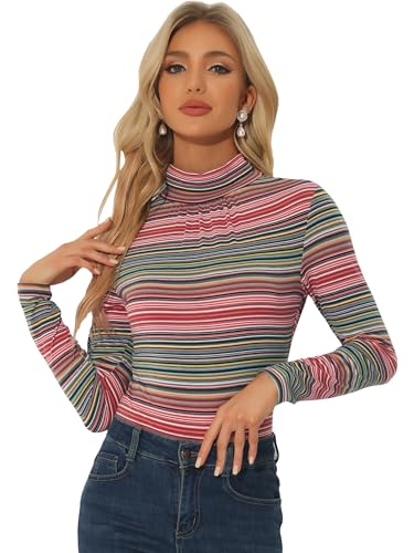 Allegra K Damen Pullover Langarm Rollkragen Slim Fit Herbst Winter Kariert Top Bluse Oberteil Rot Streifen S von Allegra K