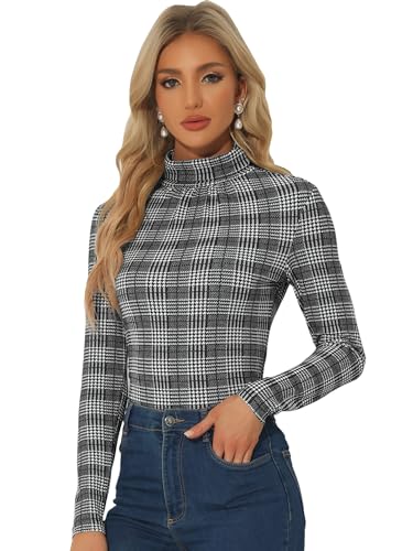 Allegra K Damen Pullover Langarm Rollkragen Slim Fit Herbst Winter Kariert Top Bluse Oberteil Schwarz S von Allegra K