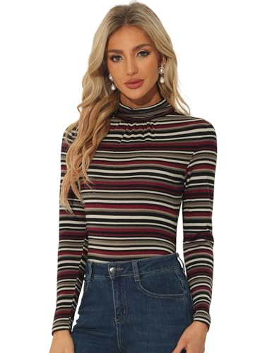 Allegra K Damen Pullover Langarm Rollkragen Slim Fit Herbst Winter Kariert Top Bluse Oberteil Schwarz Streifen M von Allegra K