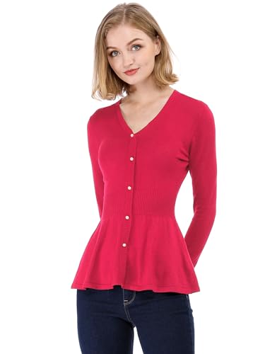 Allegra K Damen Oberteil Langarm V-Ausschnitt Peplum Knopfleiste Strick Top Bluse Rosenrot S von Allegra K