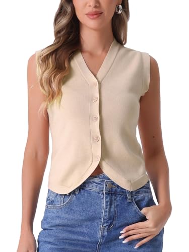 Allegra K Damen Pullover Weste V-Ausschnitt Kurzärm Knopfleiste Strickjacke Business Lässig Strick Tanktop Aprikose L von Allegra K