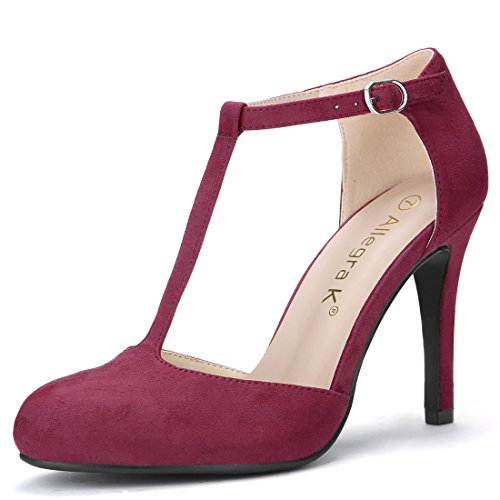 Allegra K Damen Pumps mit Abgerundeter Spitze und Stilettoabsatz mit T-Riemen Burgundy 38 von Allegra K