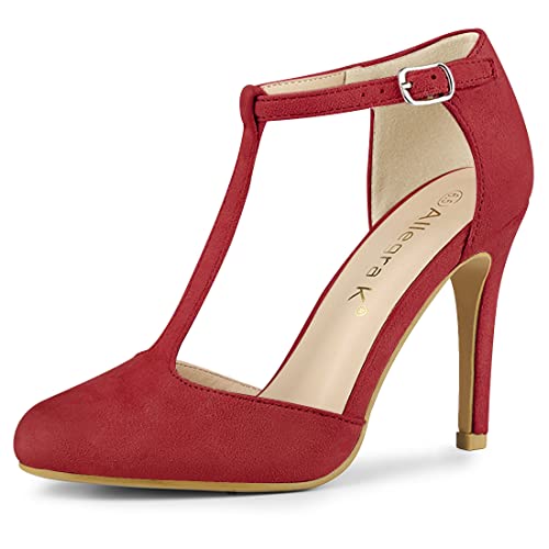 Allegra K Damen Pumps mit Abgerundeter Spitze und Stilettoabsatz mit T-Riemen rot 36 von Allegra K