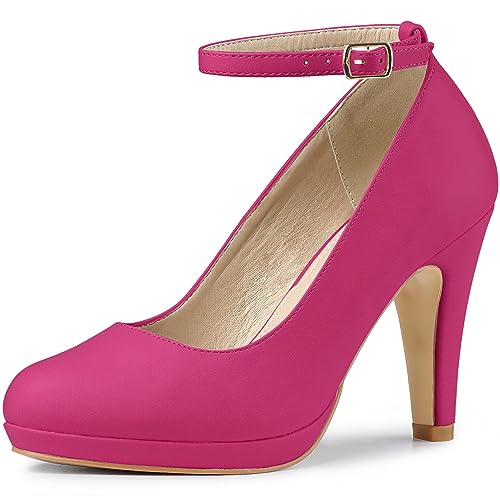 Allegra K Damen Pumps mit rundem Zehenbereich, Stiletto-Absatz, Knöchelriemen, Knallpink (Hot Pink), 40 EU von Allegra K