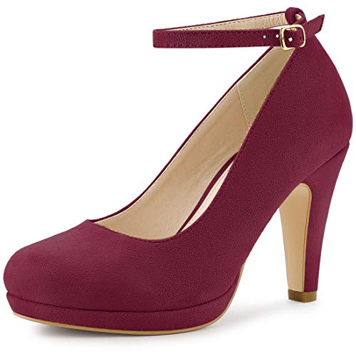 Allegra K Damen Pumps mit rundem Zehenbereich, Stiletto-Absatz, Knöchelriemen, burgunderfarben, 39 EU von Allegra K