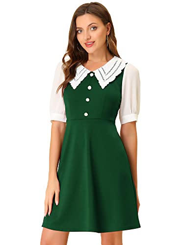 Allegra K Damen Puppenkragen Chiffon Knopfmanschetten Reißverschluss A-Linien Minikleid Kleid Grün XS von Allegra K