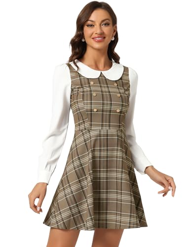 Allegra K Damen Puppenkragen Hohe Taille Kontrastkragen Plaid Langarm Kleid Aprikose S von Allegra K