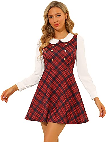 Allegra K Damen Puppenkragen Hohe Taille Kontrastkragen Plaid Langarm Kleid Rot M von Allegra K