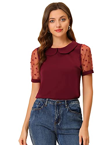 Allegra K Damen Puffärmel Vintage Bubikragen Oberteil Mesh Polka Punkte Top Bluse Burgund S von Allegra K