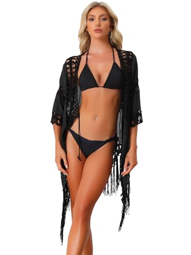 Allegra K Damen Quaste Badeanzug Kimono Tie Front Flowy Strand Bikini Crochet Cardigan, Schwarz, Small von Allegra K