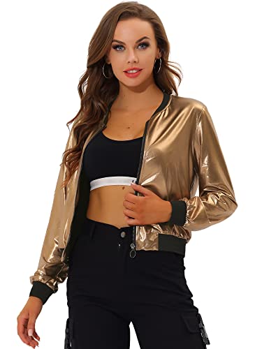 Allegra K Damen Bomberjacke Reißverschluss Langarm Party Leicht Streifen Metallic Jacke Gold Braun M von Allegra K