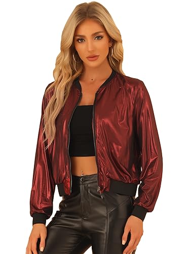 Allegra K Damen Reißverschluss Blouson Langarm Party Leicht Streifen Bomberjacke Metallic Jacke Schwarze Rot XS von Allegra K