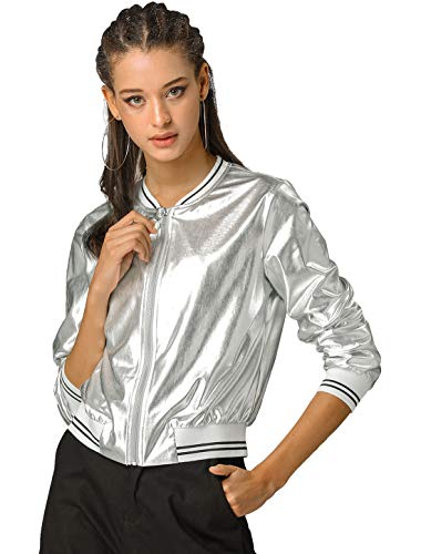 Allegra K Damen Bomberjacke Reißverschluss Langarm Party Leicht Streifen Metallic Jacke Silber XXL von Allegra K