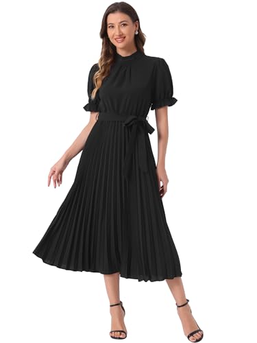 Allegra K Damen Retro Casual Kleid Rüschen Midi A-Linie Plissee Kurzärm Kleid mit Gürtel Schwarz XL Allegra K Damen Retro Casual Kleid Rüschen Midi A-Linie Plissee Kurzärm Kleid mit Gürtel Schwarz XL von Allegra K