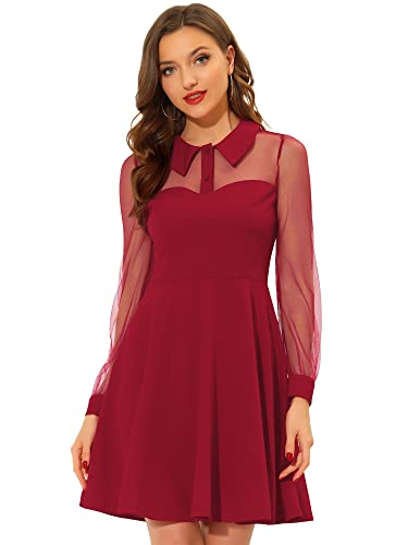 Allegra K Damen Langarm Stehkragen Retro Durchsichtig Mesh Laternenärmel Minikleid Kleid rot L von Allegra K