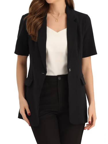 Allegra K Damen Revers Blazers Kurzärm Knopfleiste vorne Offen Business Arbeit Blazer mit Taschen Schwarz M von Allegra K