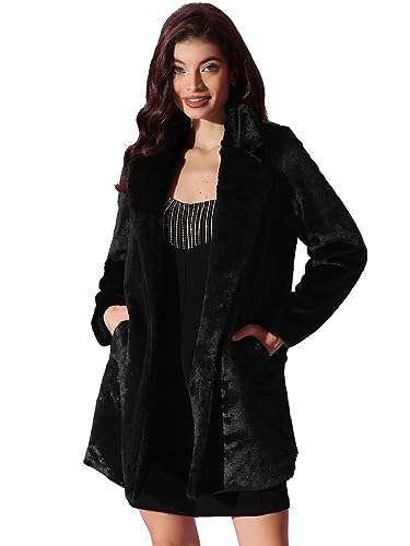 Allegra K Damen Revers Kunstpelz Wintermantel Langarm Offen Overcoat Mantel mit Taschen Schwarz L von Allegra K