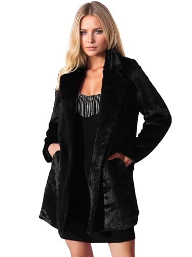 Allegra K Damen Revers Kunstpelz Wintermantel Langarm Offen Overcoat Mantel mit Taschen Schwarz M von Allegra K