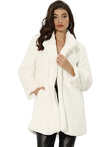 Allegra K Damen Revers Kunstpelz Wintermantel Langarm Offen Overcoat Mantel mit Taschen Weiß L von Allegra K