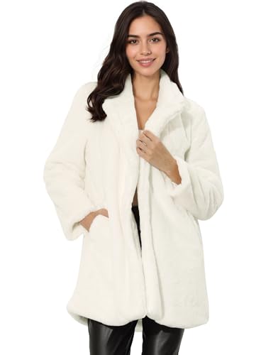 Allegra K Damen Revers Kunstpelz Wintermantel Langarm Offen Overcoat Mantel mit Taschen Weiß S von Allegra K
