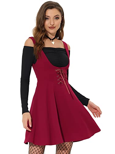 Allegra K Damen Rock Ärmellos A-Linie Hosenträger Gothic Overalls Latzrock Weinrot XS von Allegra K