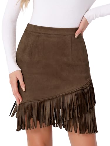Allegra K Damen Rock Aus Wildlederimitat Stretch Fransen Hohe Taille Vintage Lässiger Minirock Dunkelbraun XL von Allegra K